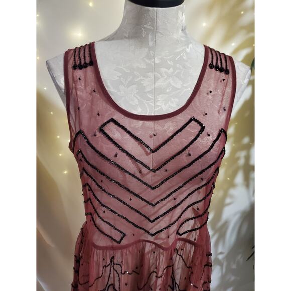 Free People Sheer Mesh Beaded Mini Embellished Slip Dress In Plum Size S Flapper - Picture 7 of 15